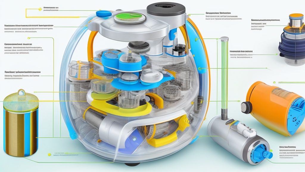 Ciklonos porszívó belső működésének részletes ábrája kamrákkal levegőáramlási nyilakkal és szűrőrendszerrel