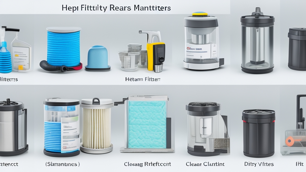 Közeli technikai nézet porszívó szűrő karbantartásról különböző szűrőtípusokkal HEPA és habszűrőkkel tisztítóeszközökkel