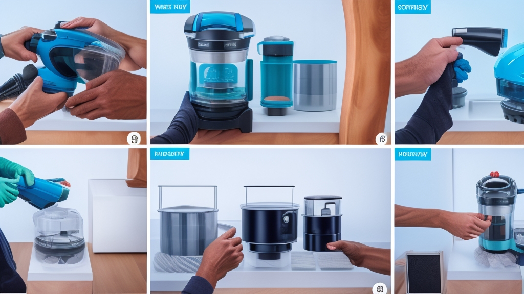 Lépésről lépésre szűrőcsere útmutató kezek cserélik a porszívó szűrőket professzionális oktatási fotók biztonsági kesztyűvel