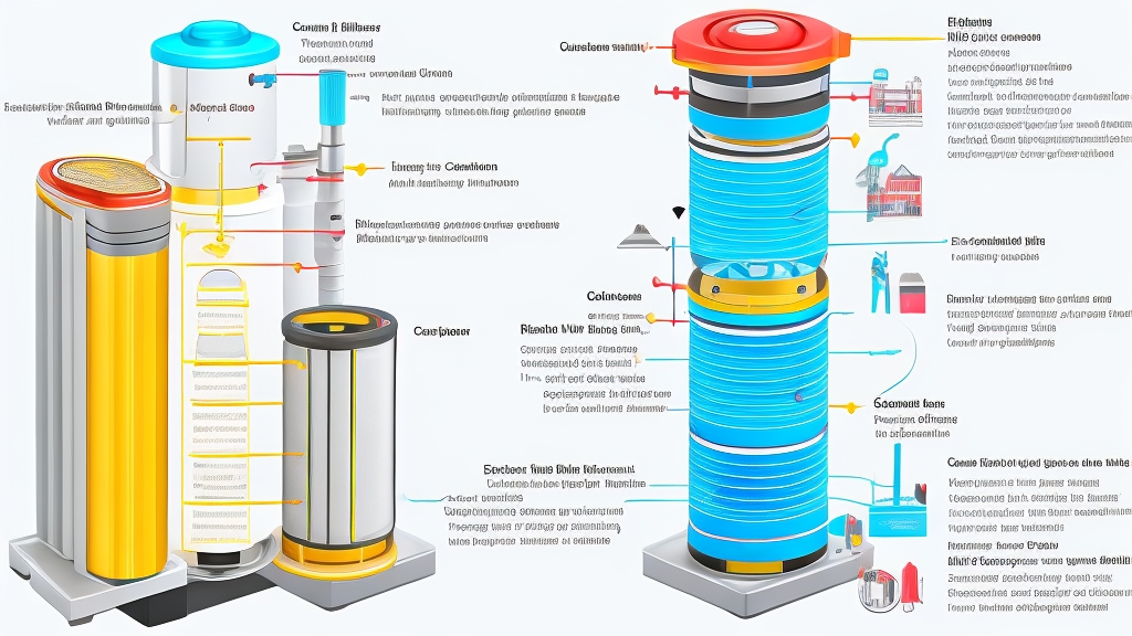 Modern porszívó szűrőrendszer keresztmetszete többrétegű szűrőkkel HEPA és aktívszén szűrővel professzionális technikai illusztráció